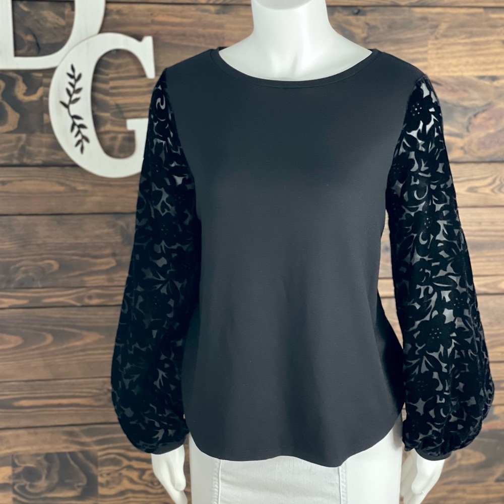 Altard State | Sheer Velvet Balloon Sleeve Knit Tee Blouse Scoop Neckline Floral
